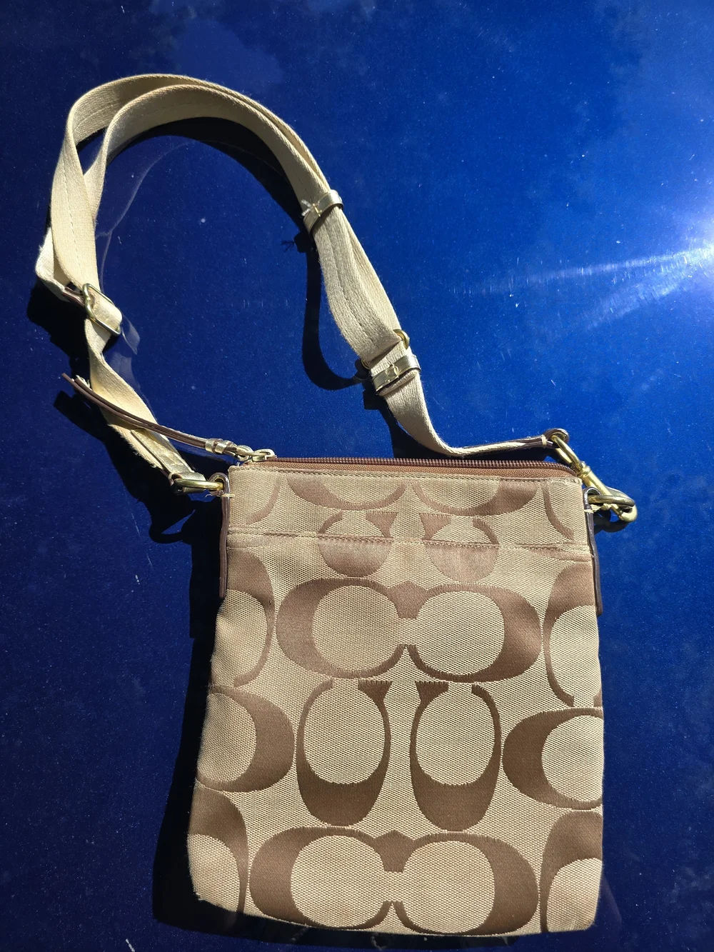 Coach Beige/Tan Signature Crossbody Bag with Adjustable Strap